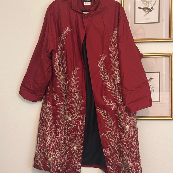 eskandar Jackets & Blazers - ESKANDAR Red Floral Embroidered Silk Coat